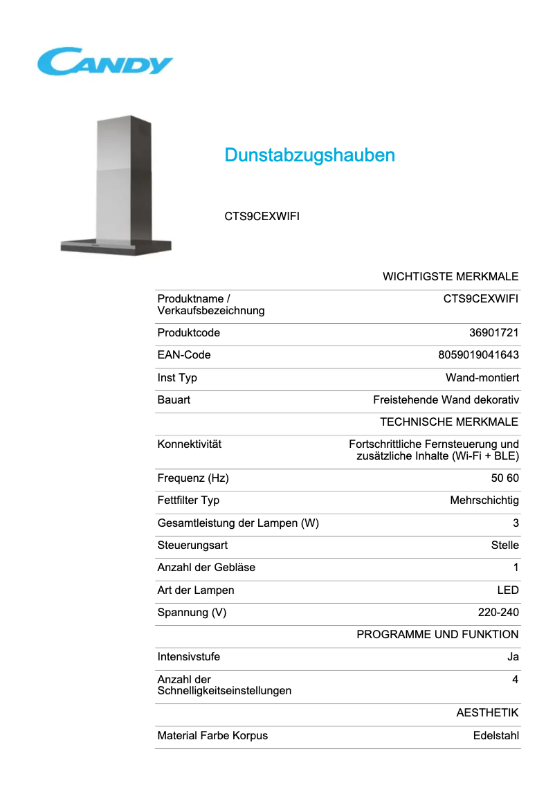 Page 1 de la notice Fiche technique Candy CTS9CEXWIFI