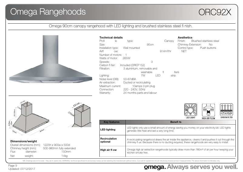 Page 1 de la notice Fiche technique Omega ORC92X