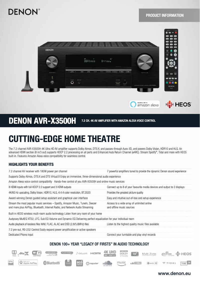 Page 1 de la notice Fiche technique Denon AVR-X3500H