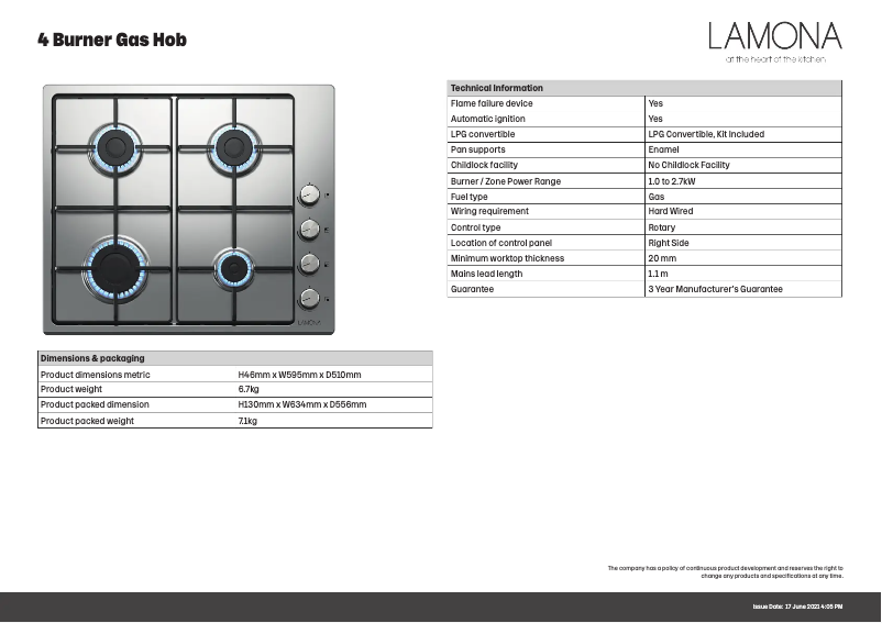 Page n°1 - Fiche technique Lamona LAM1009