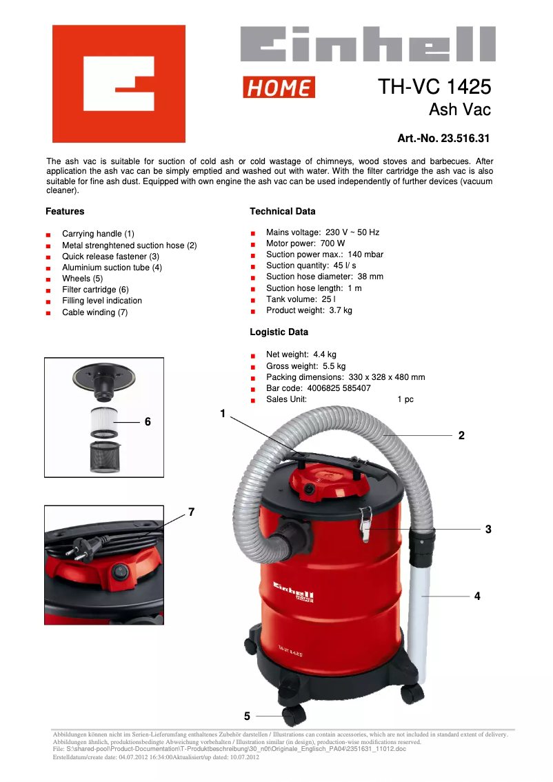 Page 1 de la notice Fiche technique Einhell TH-VC 1425