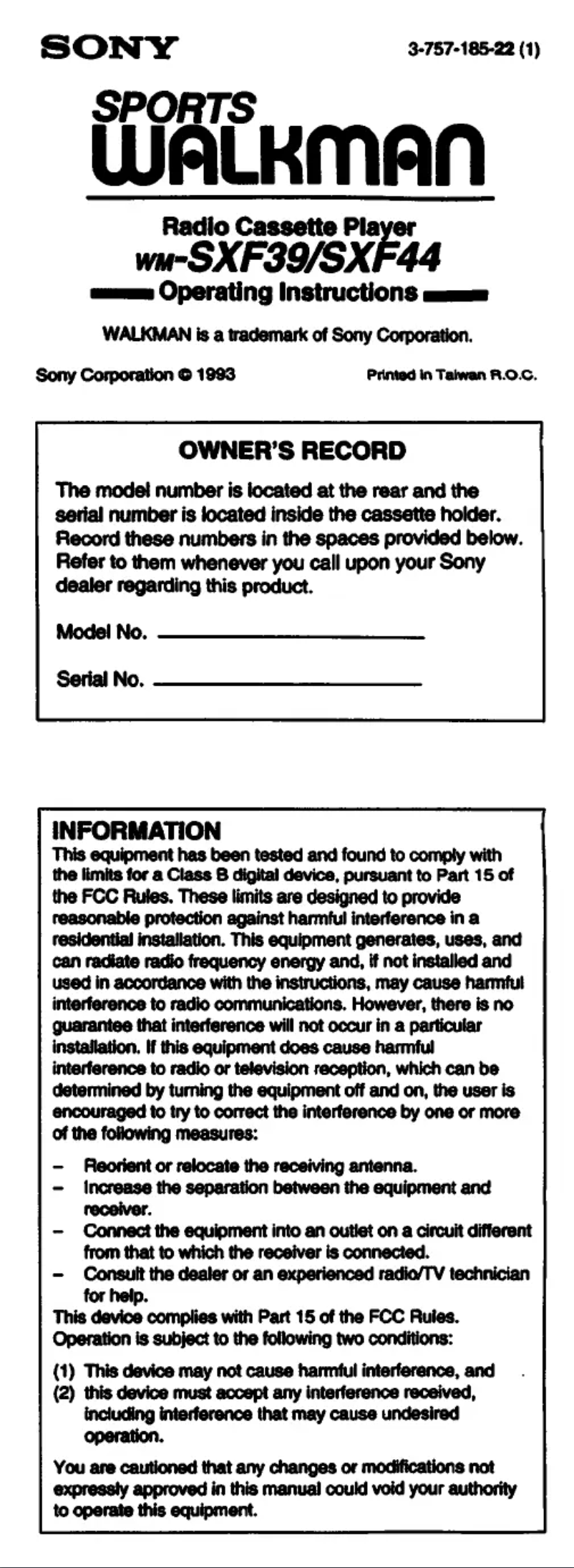 Image de la première page du manuel de l'appareil Walkman WM-SXF39