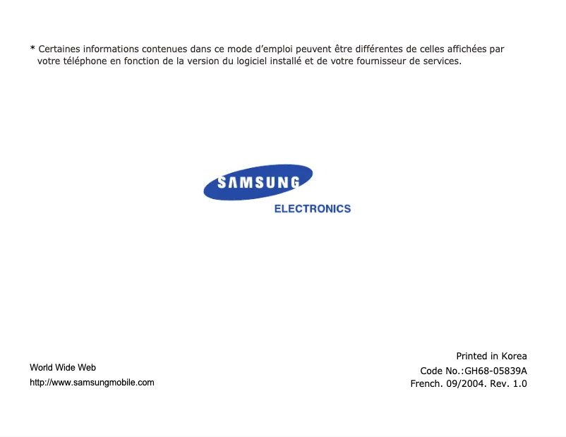 Image de la première page du manuel de l'appareil SGH-Z105U