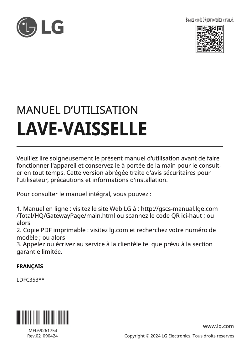 Page 1 de la notice Manuel utilisateur LG LDFC3532S