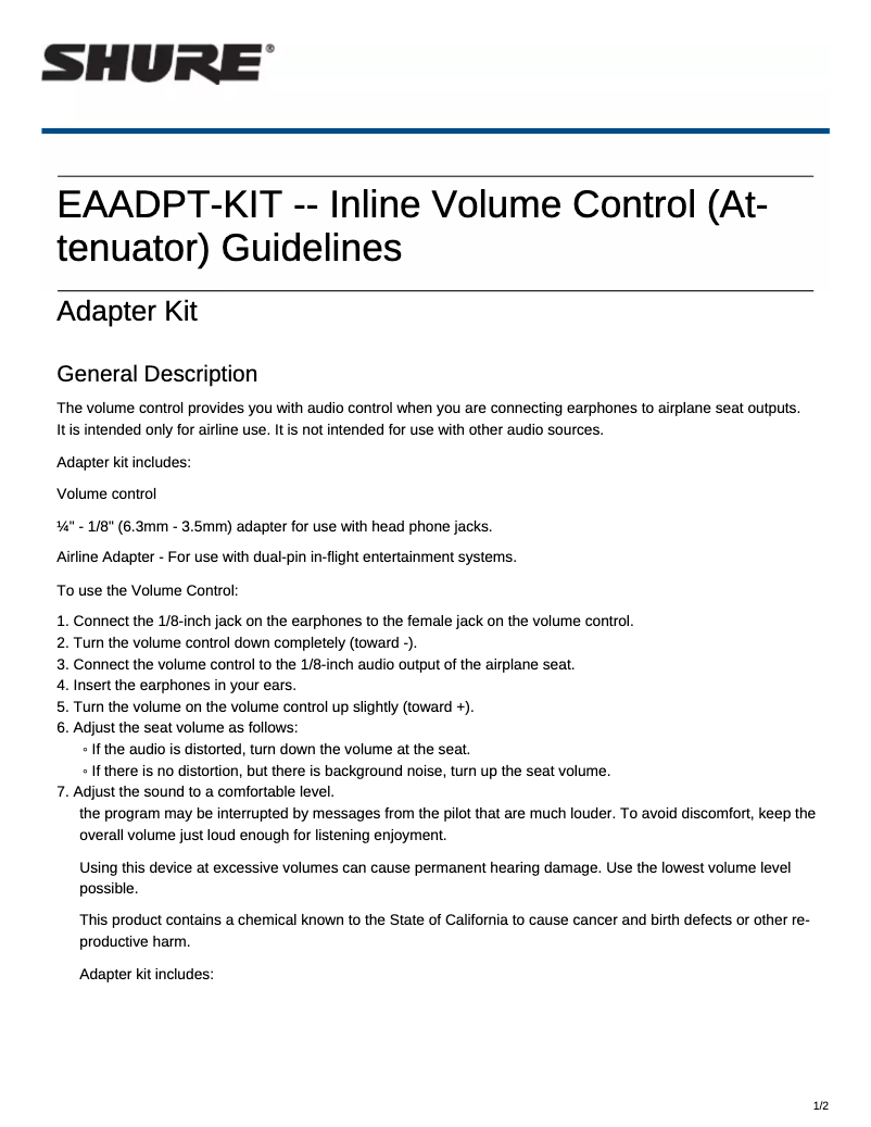 Page 1 de la notice Manuel utilisateur Shure EAADPT-KIT