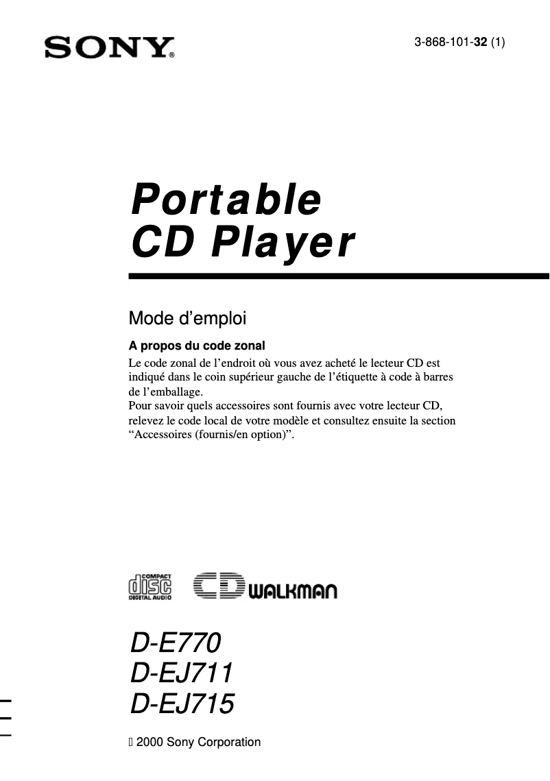 Page 1 de la notice Manuel utilisateur Sony Walkman D-E770