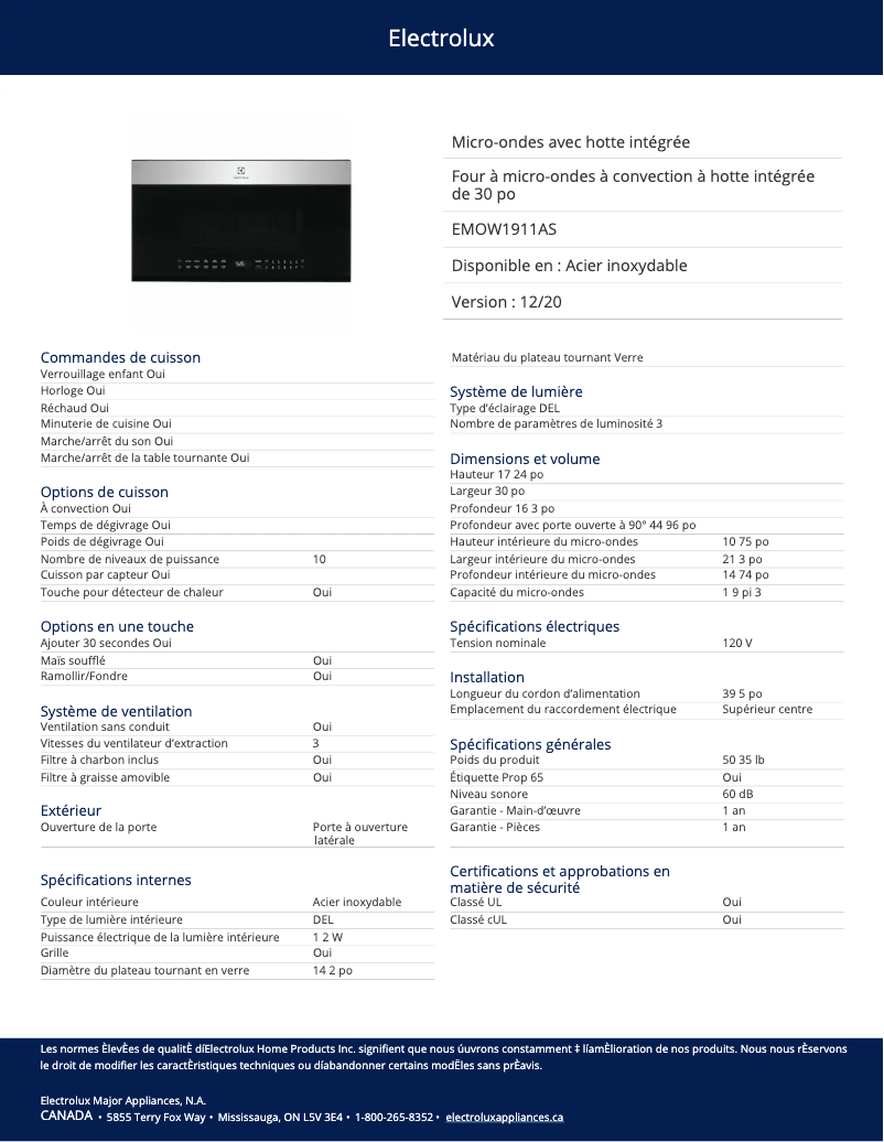 Page 1 de la notice Fiche technique Electrolux EMOW1911AS