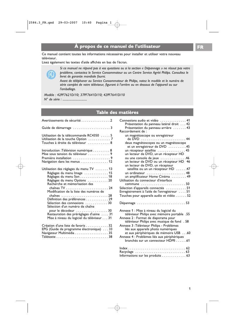 Page 1 of the manual User Manual Philips 42PF7621D