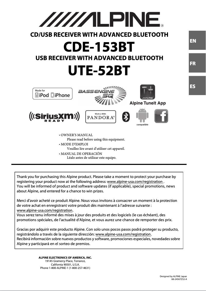 Page 1 de la notice Manuel utilisateur Alpine CDE-153BT