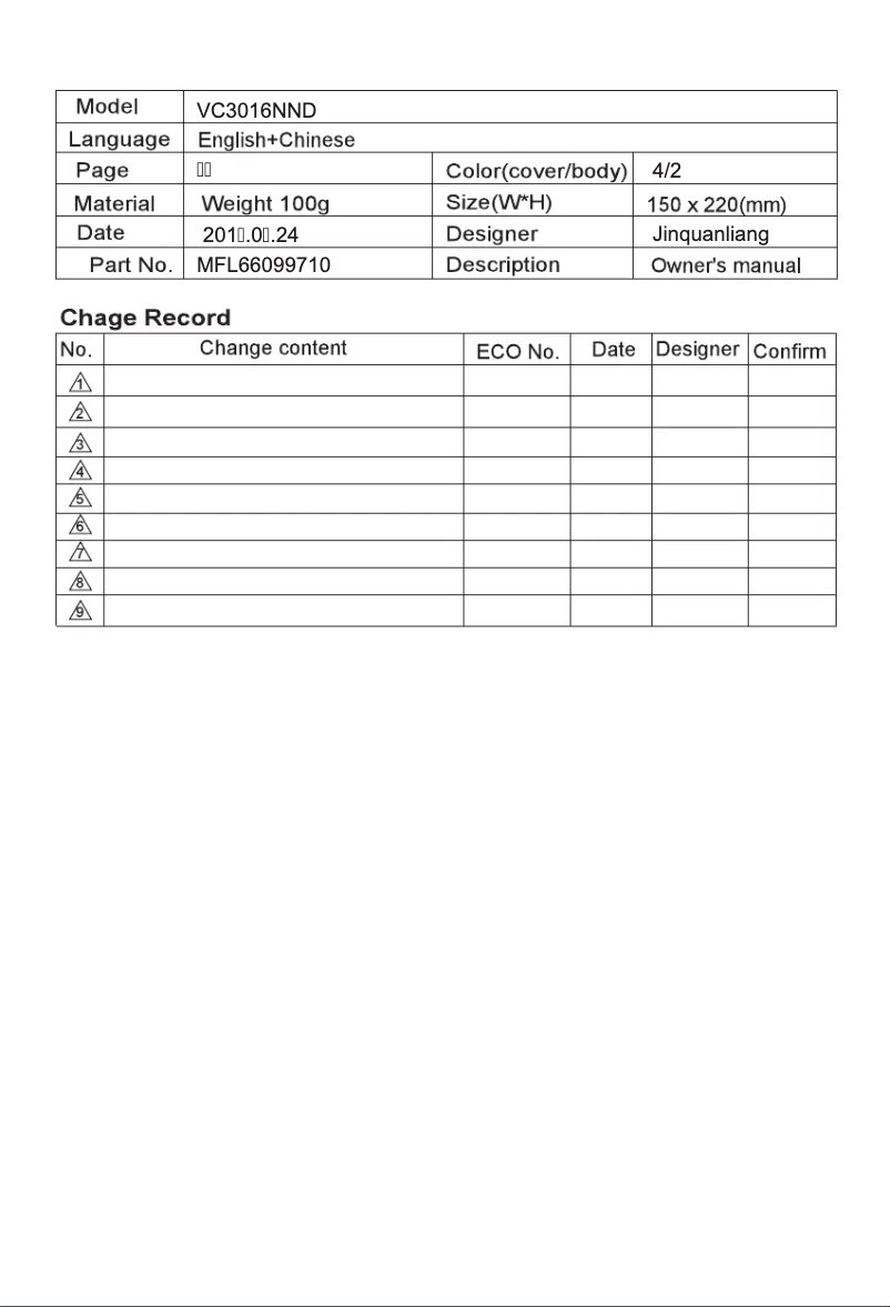Page 1 de la notice Manuel utilisateur LG VC3016NND