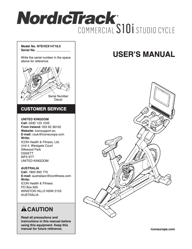 Página 1 del manual Manual de usuario NordicTrack Commercial S10 Studio Cycle