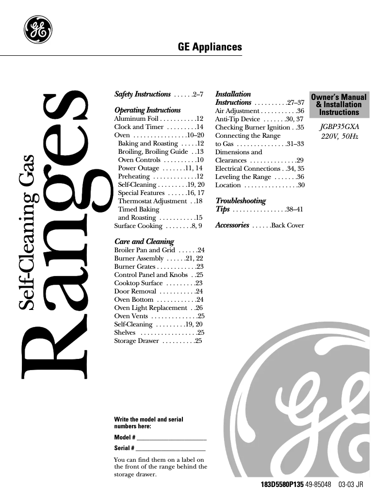 Imagen de la primera página del manual del dispositivo JGBP35GXAWW