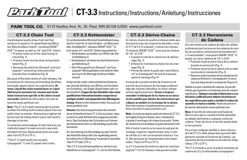 Page 1 de la notice Manuel utilisateur Park Tool CT-3.3