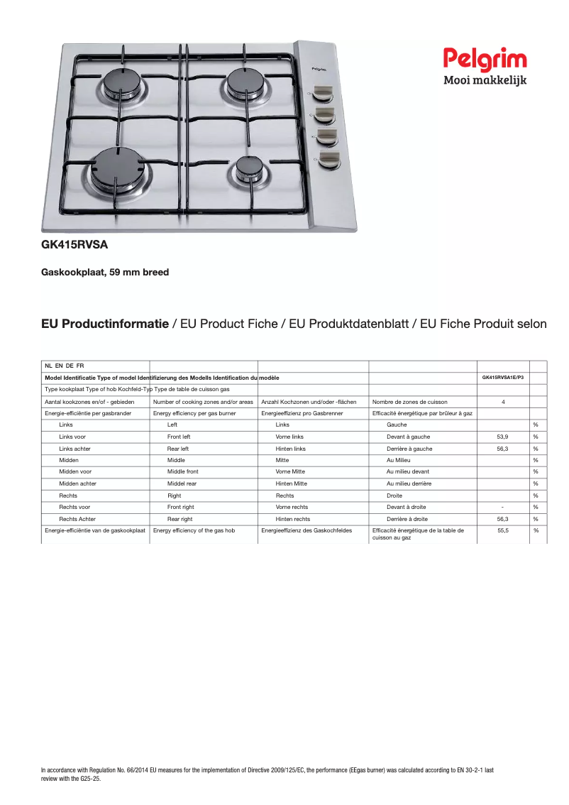 Página 1 del manual Ficha técnica Pelgrim GK415RVSA