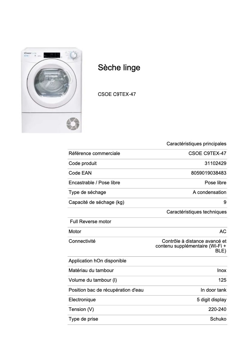 Page 1 de la notice Fiche technique Candy CSOE C9TEX-47