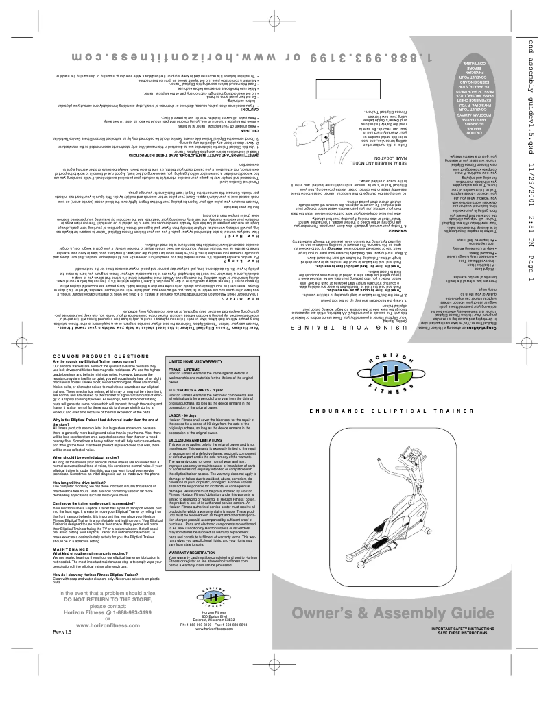 Página 1 del manual Manual de usuario Horizon Fitness Endurance