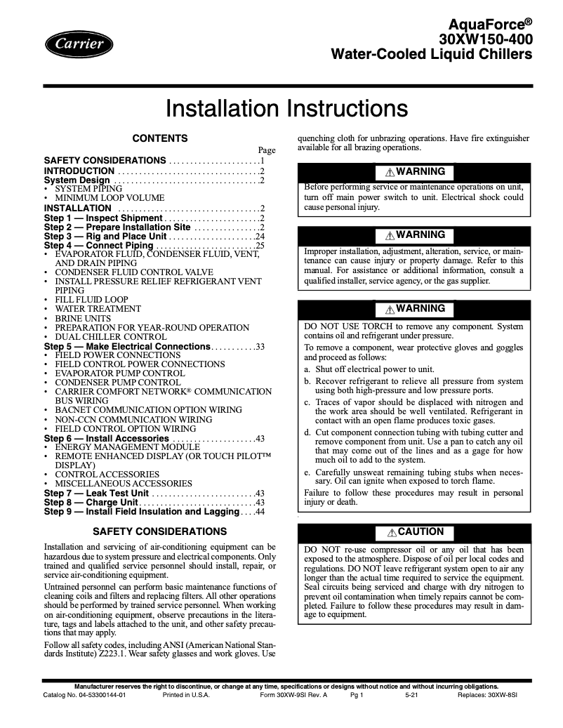 Page 1 de la notice Manuel utilisateur Carrier AquaForce 30XW