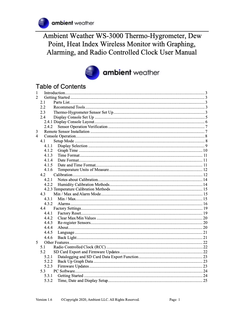 Page 1 de la notice Manuel utilisateur Ambient Weather WS-3000-X3