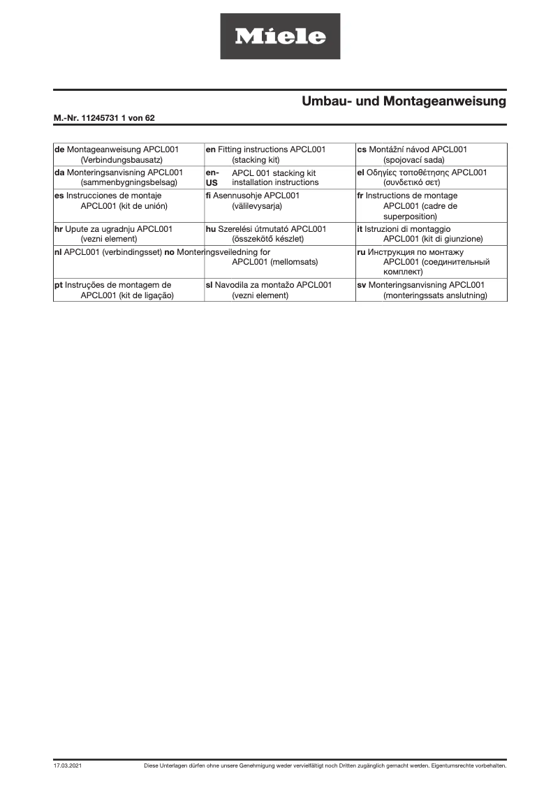 Page 1 de la notice Manuel utilisateur Miele APCL 001