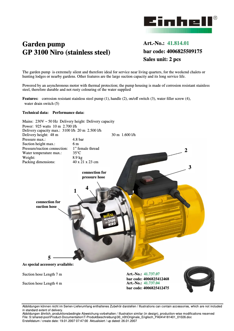Page 1 de la notice Fiche technique Einhell Royal GP 3100 Niro