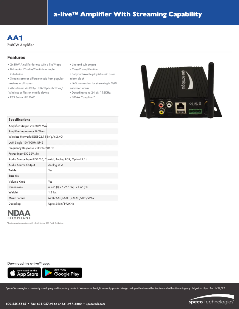Page 1 de la notice Fiche technique Speco Technologies AACEK1W