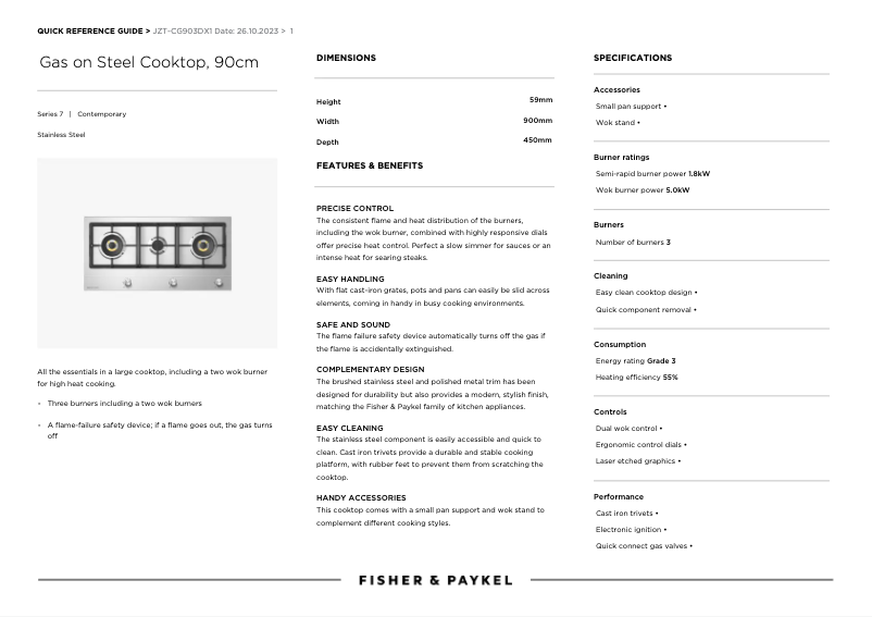 Page 1 de la notice Manuel utilisateur Fisher & Paykel JZT-CG903DX1