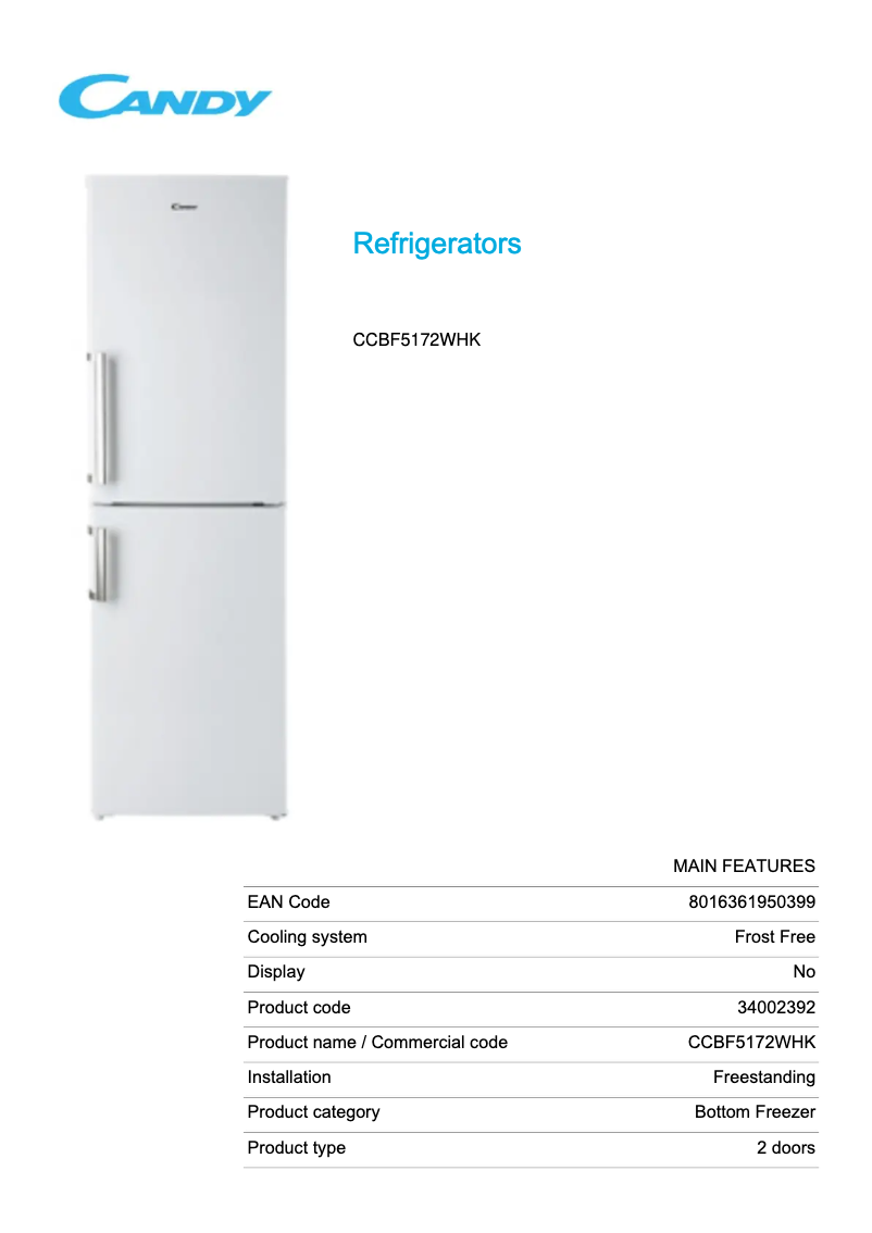 Page 1 de la notice Fiche technique Candy CCBF5172WHK