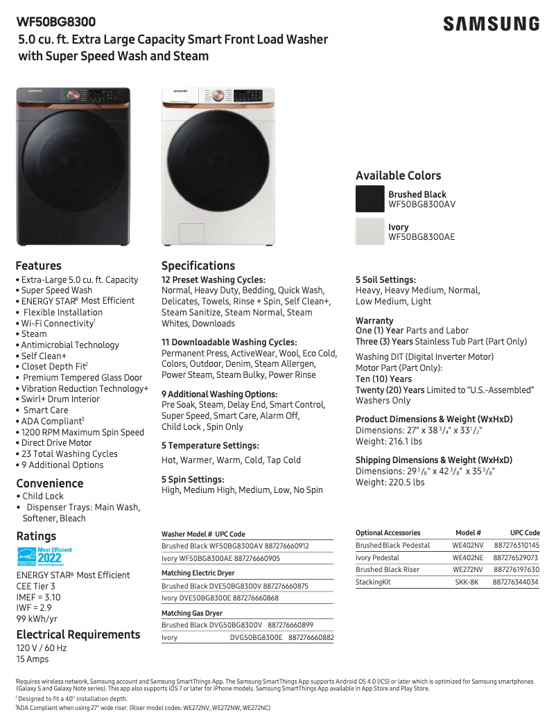 Page 1 de la notice Fiche technique Samsung WF50BG8300AE