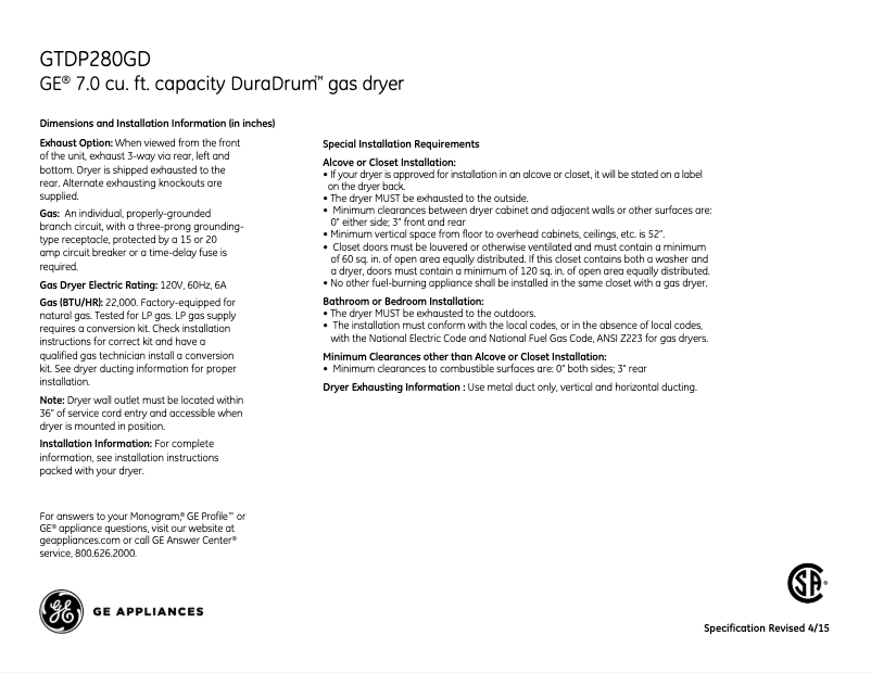 Page 1 de la notice Fiche technique GE GTDP280GDWW