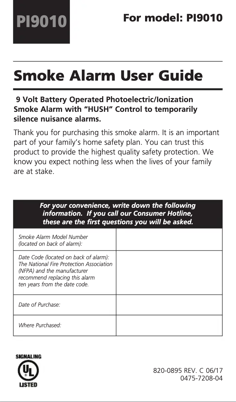 Page 1 de la notice Manuel utilisateur Kidde Pi9010