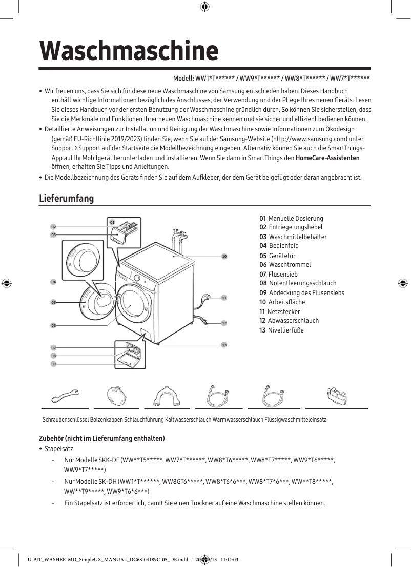 Page 1 de la notice Manuel utilisateur Samsung WW8TT754AEX
