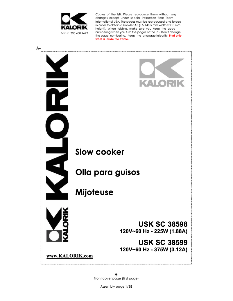 Page 1 de la notice Manuel utilisateur Kalorik SC 38599 R