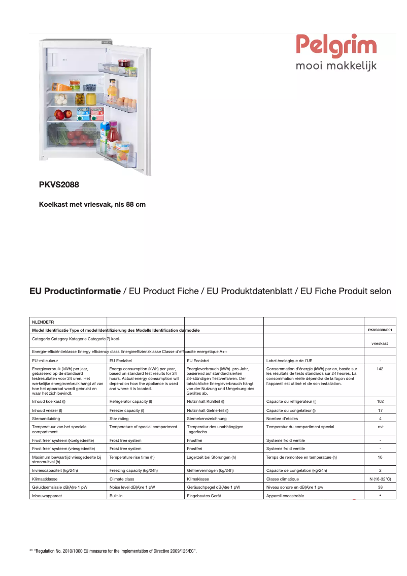 Page 1 de la notice Fiche technique Pelgrim PKVS2088