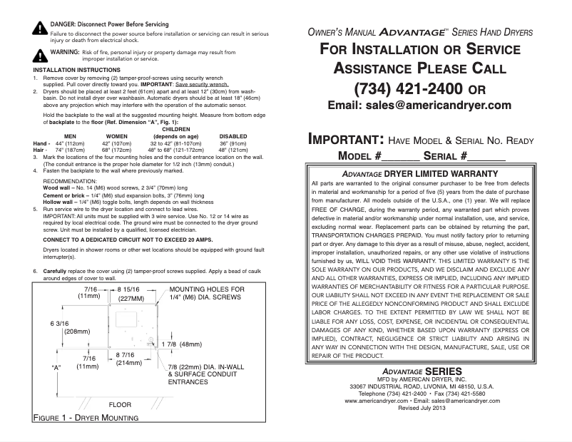 Página 1 del manual Manual de usuario American Dryer Advantage AD90-BG