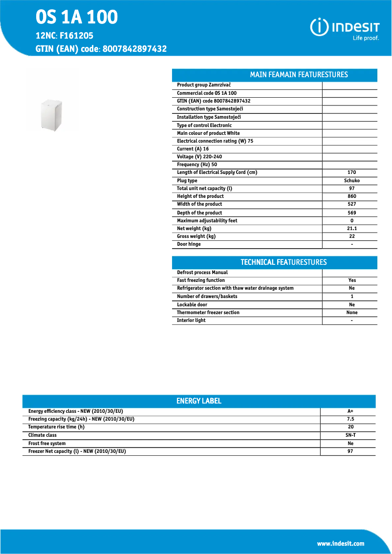 Page n°1 - Fiche technique Indesit OS 1A 100