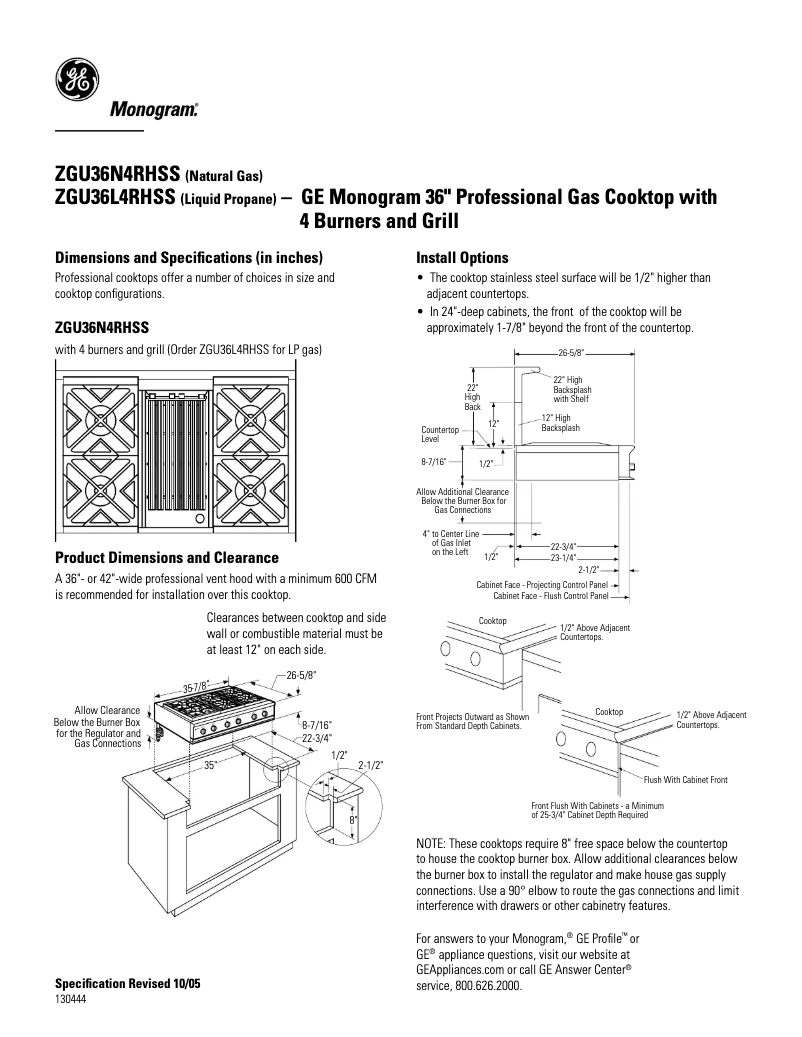 Page n°1 - Fiche technique GE ZGU36N4RHSS