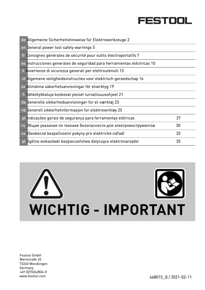 Page 1 de la notice Instructions de sécurité Festool Cleantec CTH 48