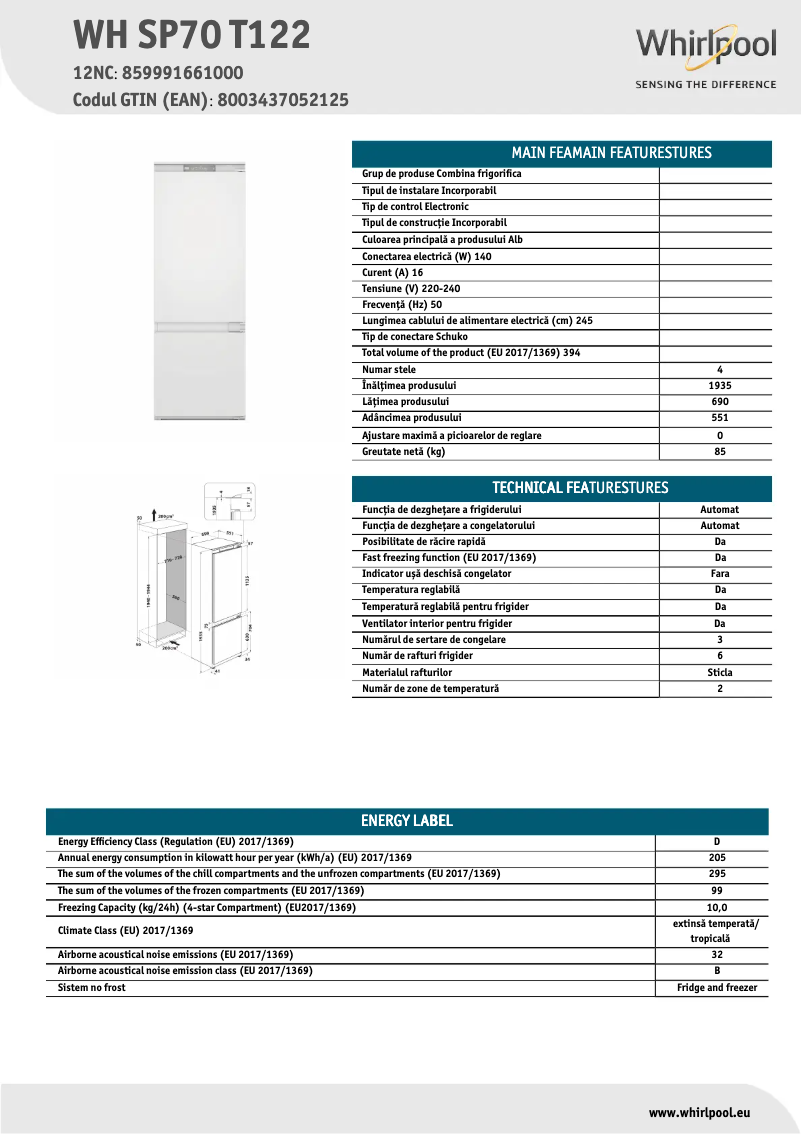 Page n°1 - Fiche technique Whirlpool WH SP70 T122