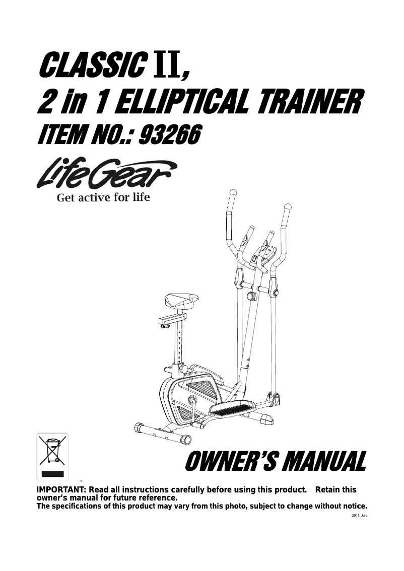 Image de la première page du manuel de l'appareil Classic II 2 in 1 Elliptical Trainer 93266