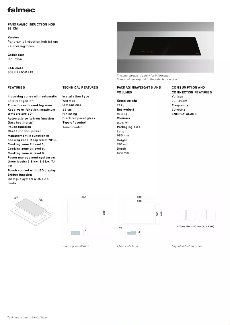 Page n°1 - Fiche technique Falmec Induction Hob 88 cm