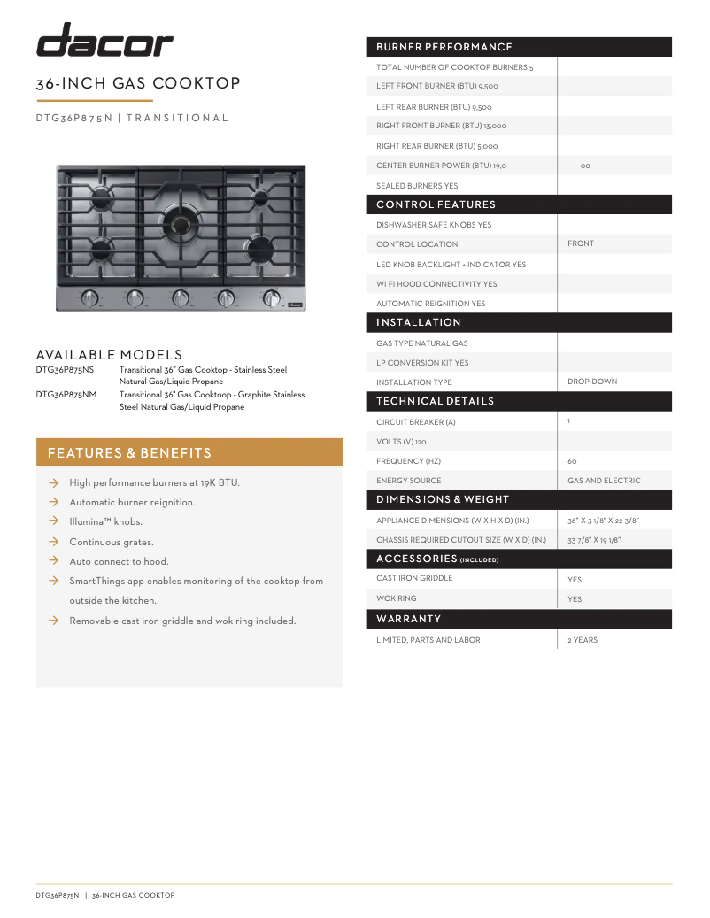 Page n°1 - Fiche technique Dacor DTG36P875NS
