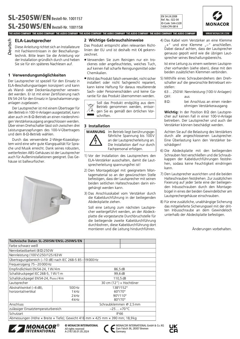 Page 1 de la notice Manuel utilisateur Monacor SL-250WS/EN