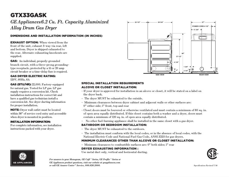 Page 1 de la notice Fiche technique GE GTX33GASKWW