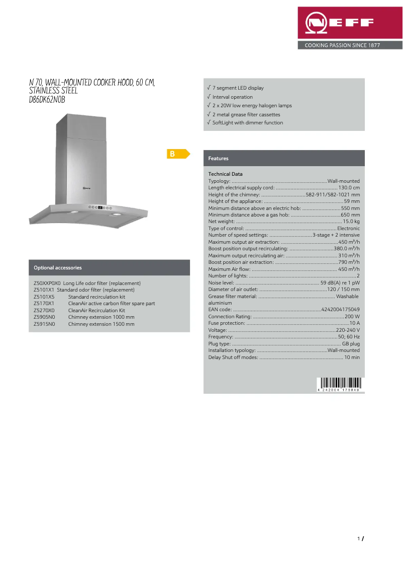 Page 1 de la notice Fiche technique Neff D86DK62N0B