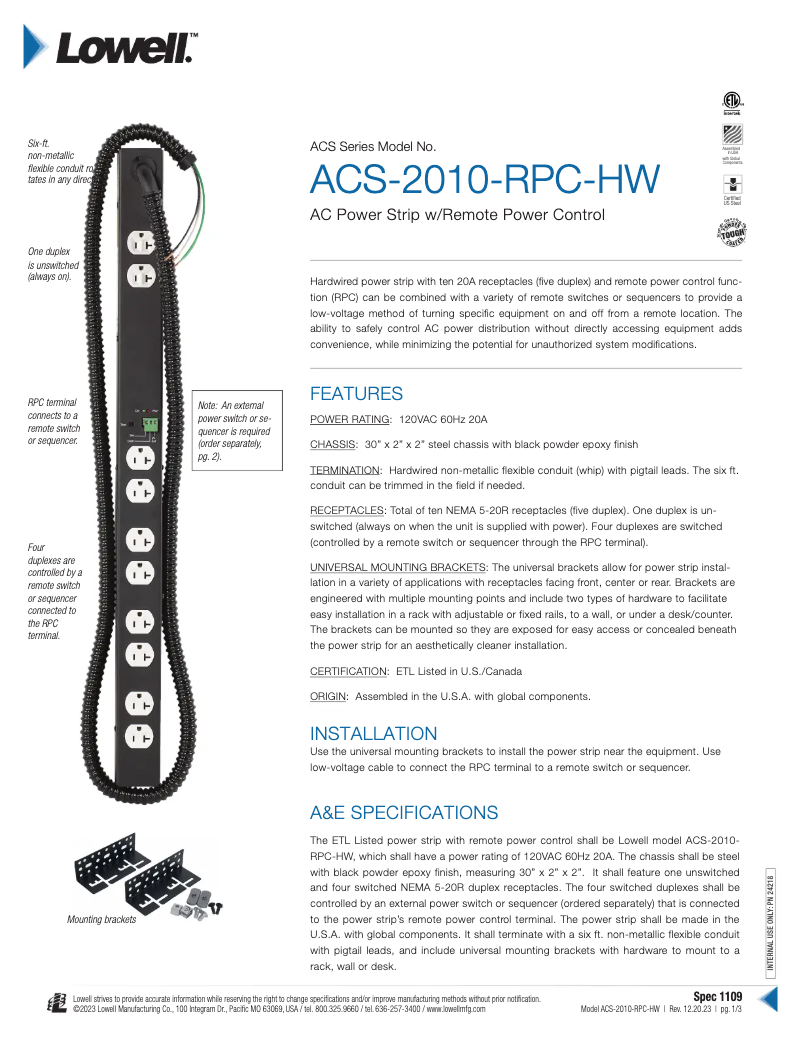 Page n°1 - Manuel utilisateur Lowell ACS-2010-RPC-HW