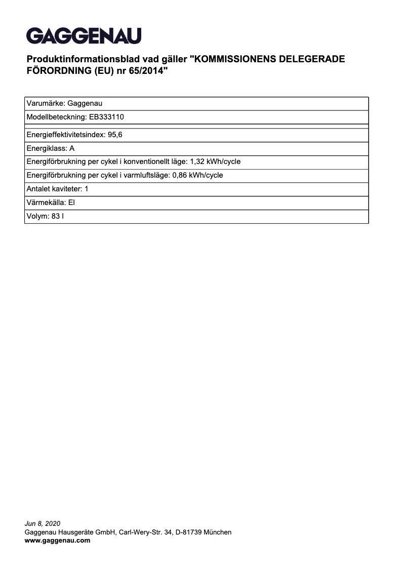 Page 1 de la notice Fiche technique Gaggenau EB333110