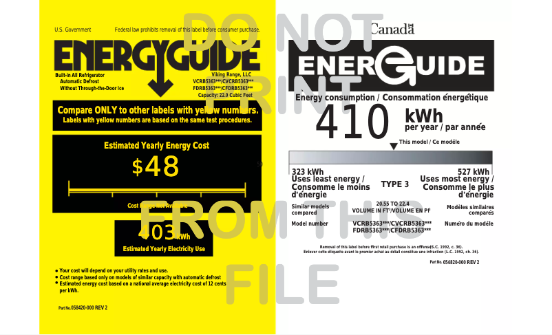 Page 1 de la notice Label énergétique Viking VCRB5363RSS