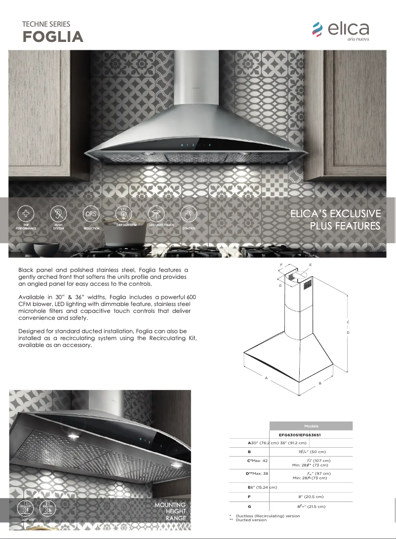 Page 1 de la notice Fiche technique Elica Foglia EFG636S1