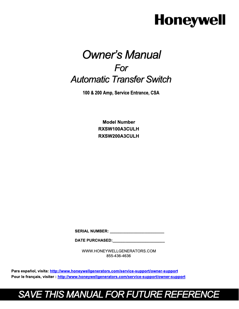 Page 1 de la notice Manuel utilisateur Honeywell RXSW200A3CULH