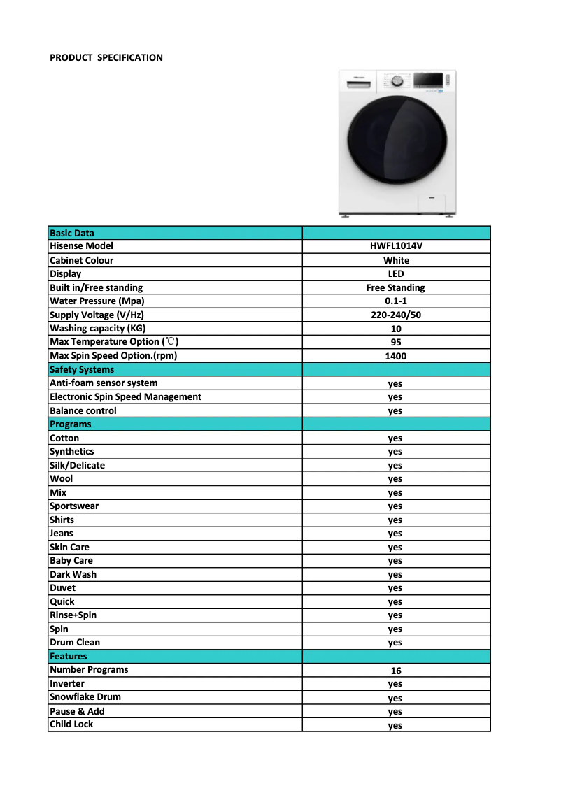Page 1 de la notice Fiche technique Hisense HWFL1014V